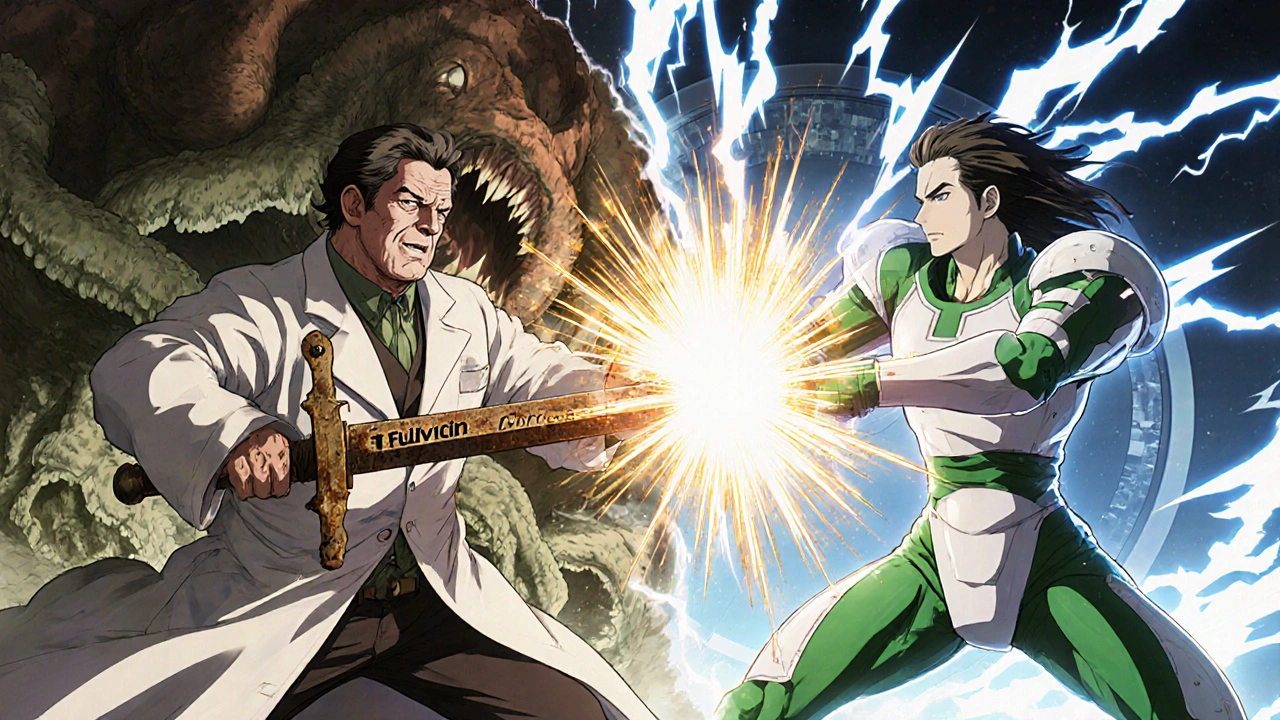 A battle between a slow 1950s antifungal warrior and a modern terbinafine hero, destroying a fungal monster with light.