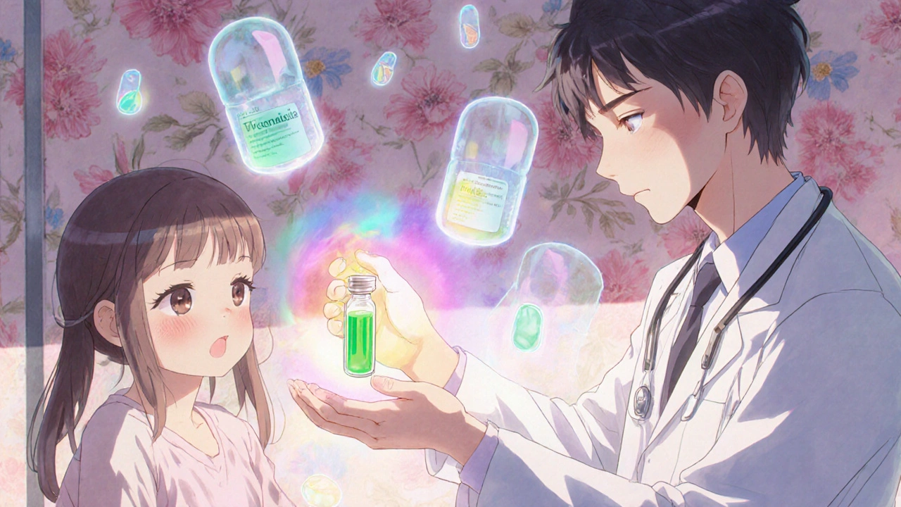 A doctor gives a child a healing antifungal vial as older medications fade away in a glowing clinic scene.