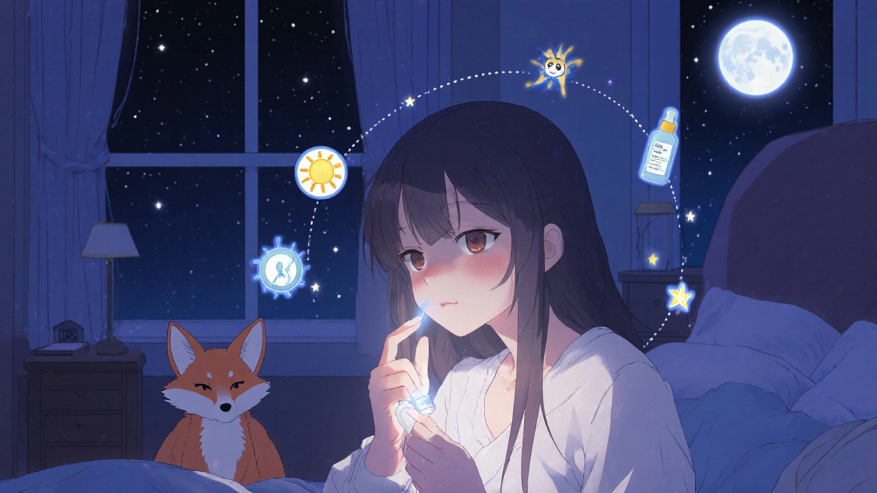 A girl applying adapalene cream at night with a celestial fox companion, stars and skincare charms glowing around her.