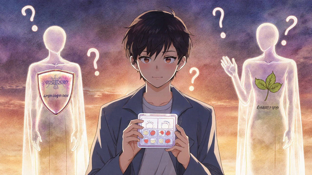 A patient holds a pill organizer as three spirit guardians representing different stroke prevention drugs stand beside them.