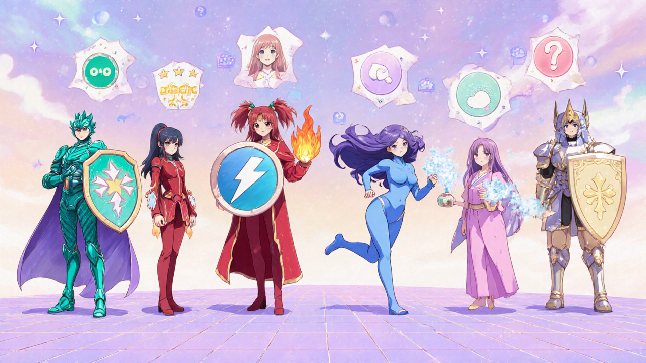 Animated characters personify different anti‑itch meds in a pastel magical arena.