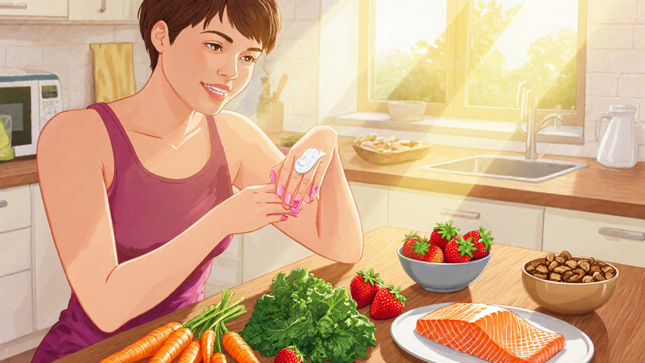 Bright scene of nutritious foods and a person with glowing nails, skin, and hair.