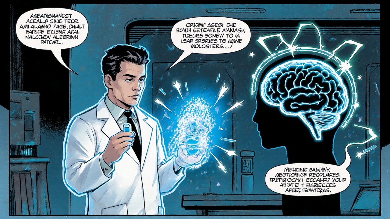 Comic panel showing Galantamine boosting acetylcholine at brain synapses.