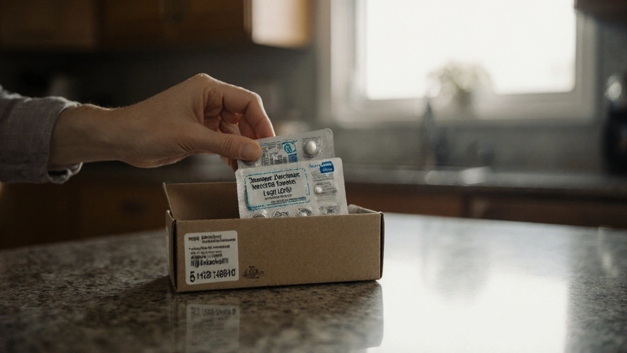 Customer opening a package and checking a Zovirax blister pack for safety seals.