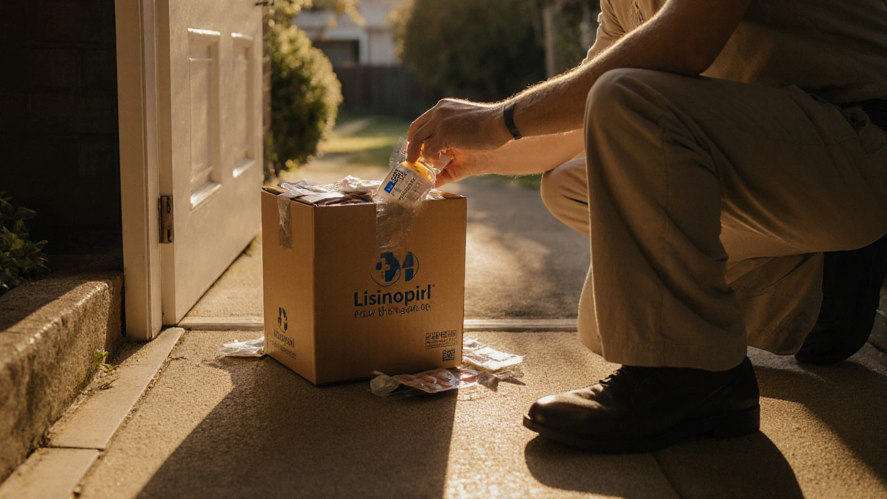 Delivery box on a doorstep being opened to reveal a lisinopril medication bottle at sunset.