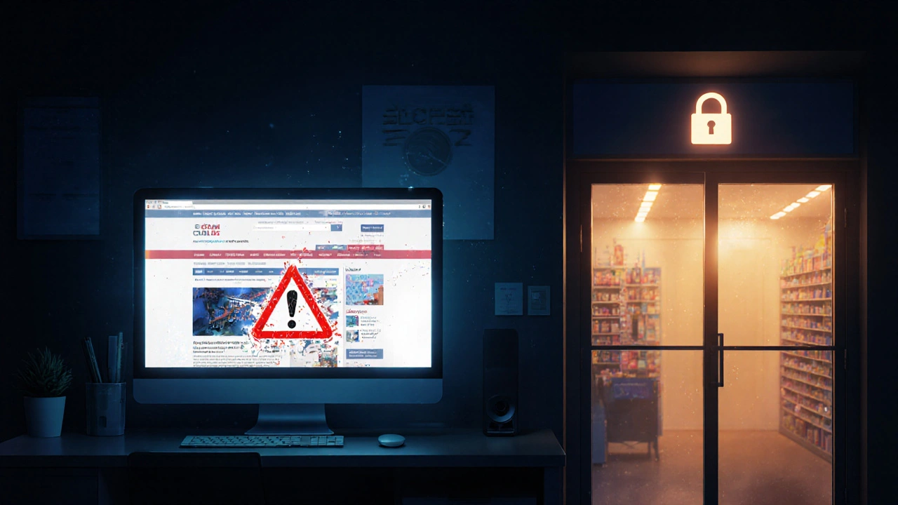 Dim office with a warning computer screen contrasted by a bright, secure pharmacy doorway.