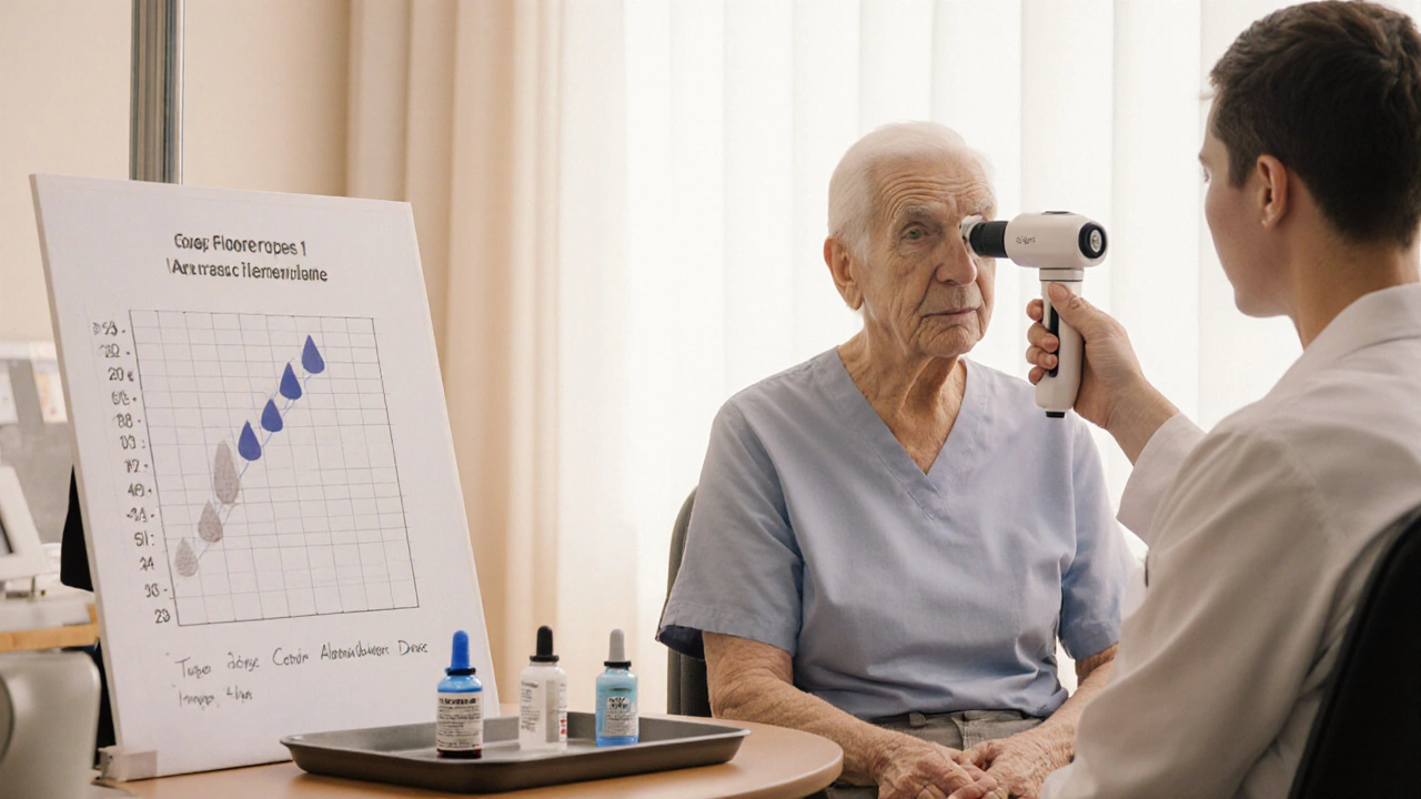 Doctor measuring eye pressure while patient rests after steroid treatment.