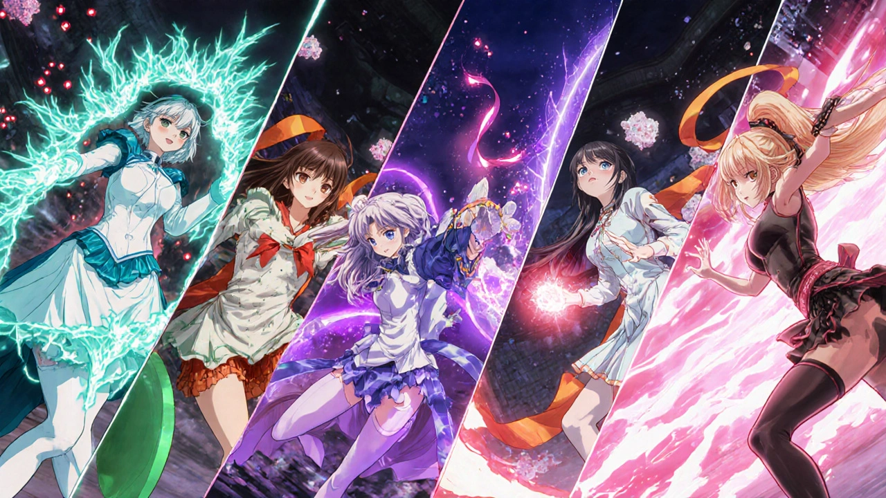 Each heroine uses colored energy to block or modify immune cells in a dynamic split‑scene battle.