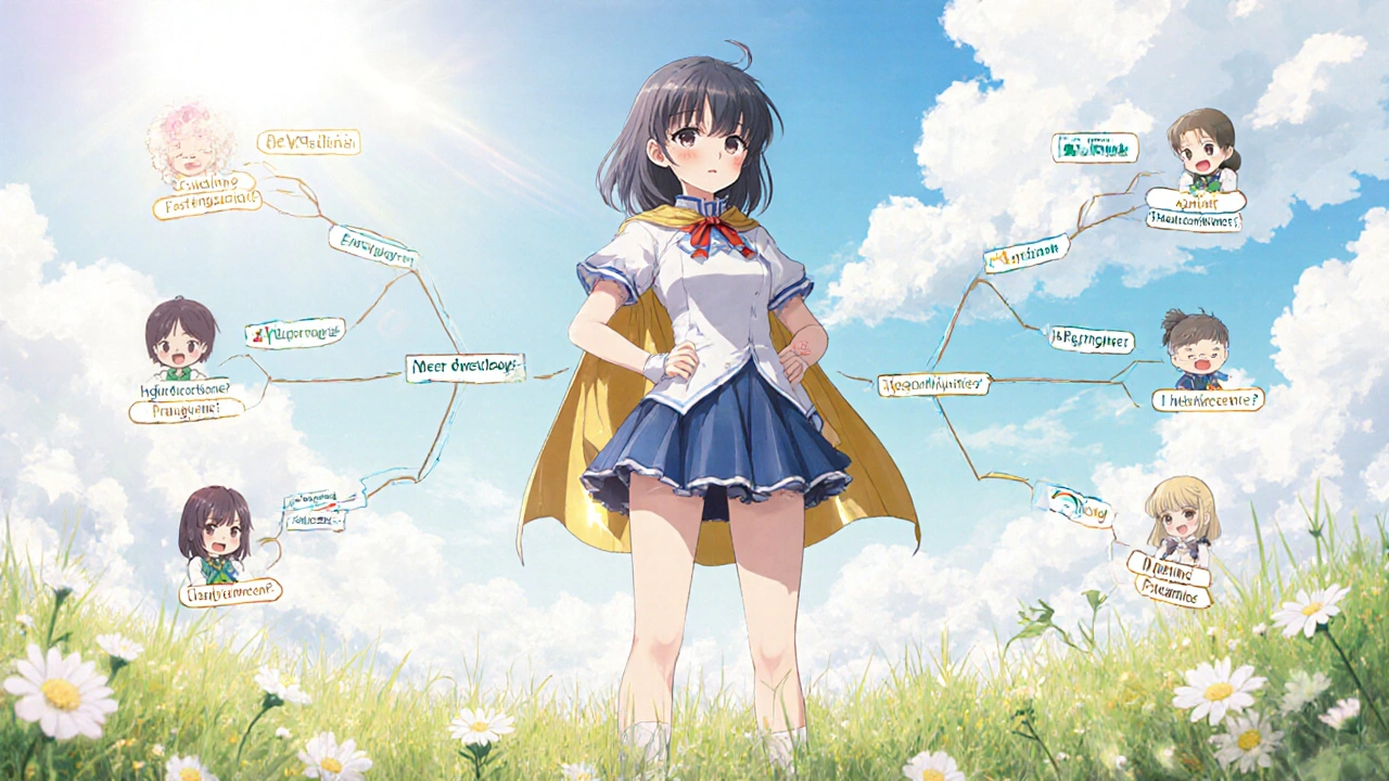 Eurax heroine stands atop a decision tree with branches pointing to other itch‑relief characters.