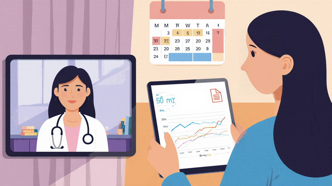 Flat illustration of telehealth visit, prescription upload, and dosage calendar.
