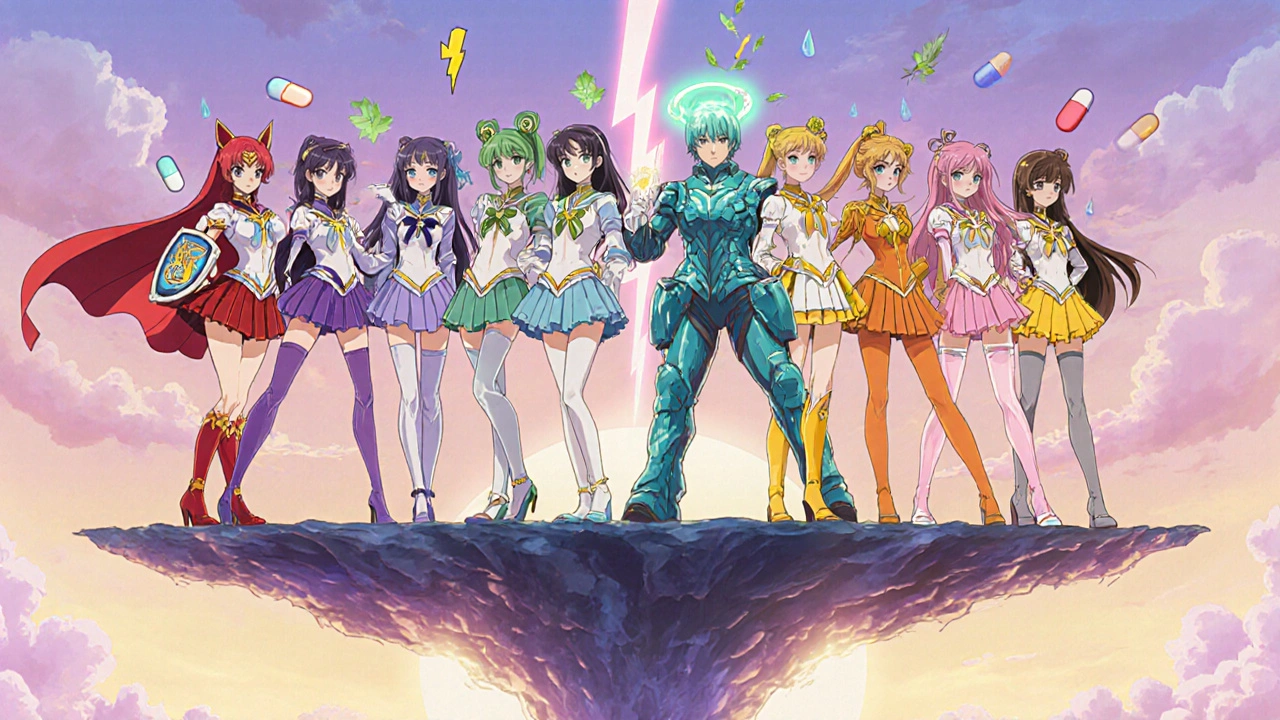 Group of eight magical girls, each with unique colors and symbols representing supplement alternatives.