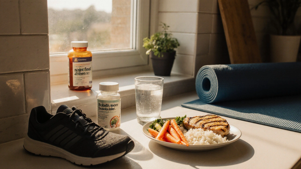 Healthy low‑FODMAP meal and walking gear promoting lifestyle prevention of tympanites.