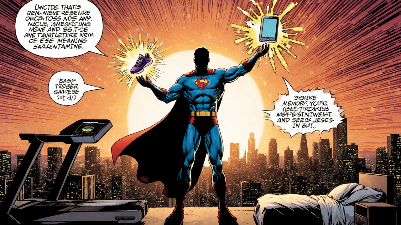 Hero confidently multitasking after using Galantamine, exercising, and training brain.