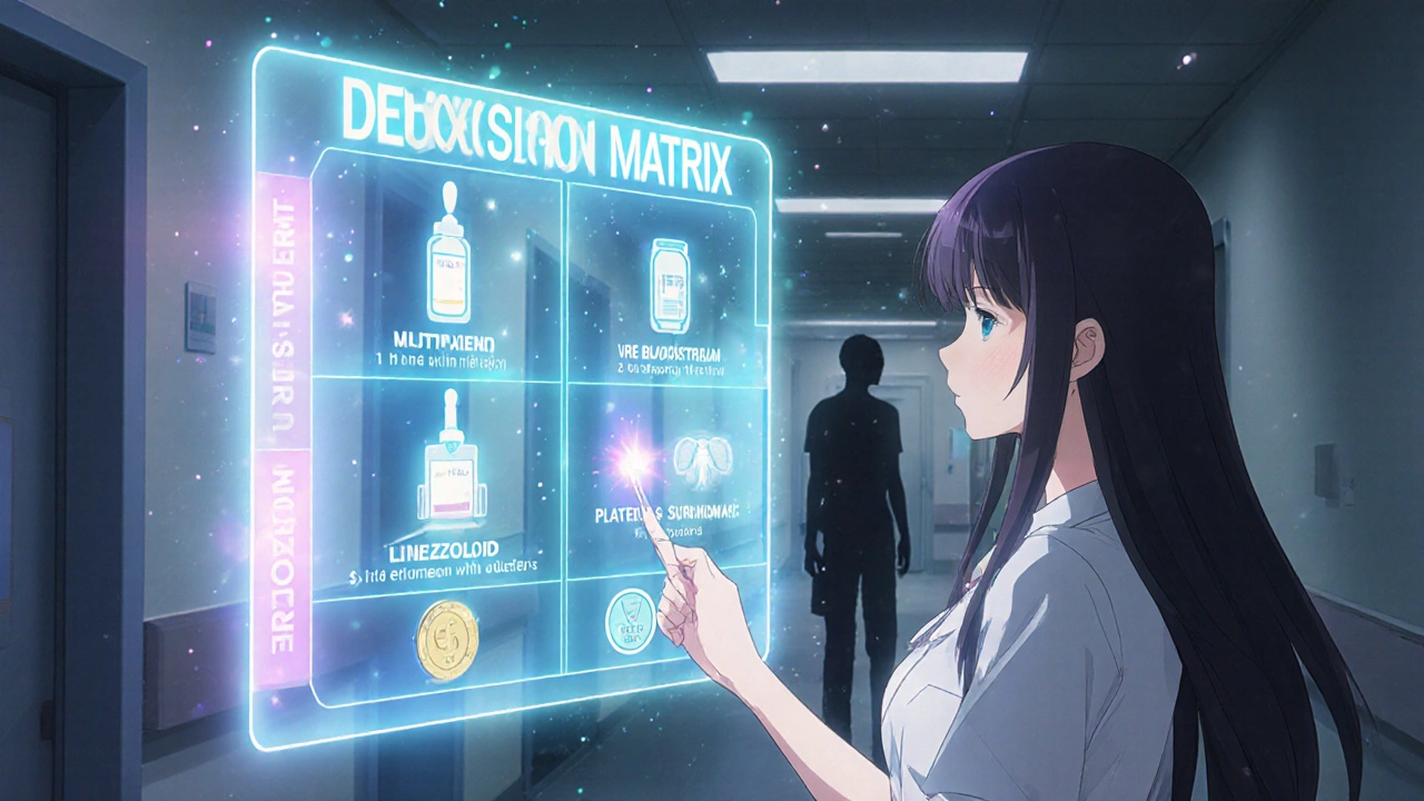 Heroic doctor consulting a glowing holographic matrix to select the right antibiotic for different cases.