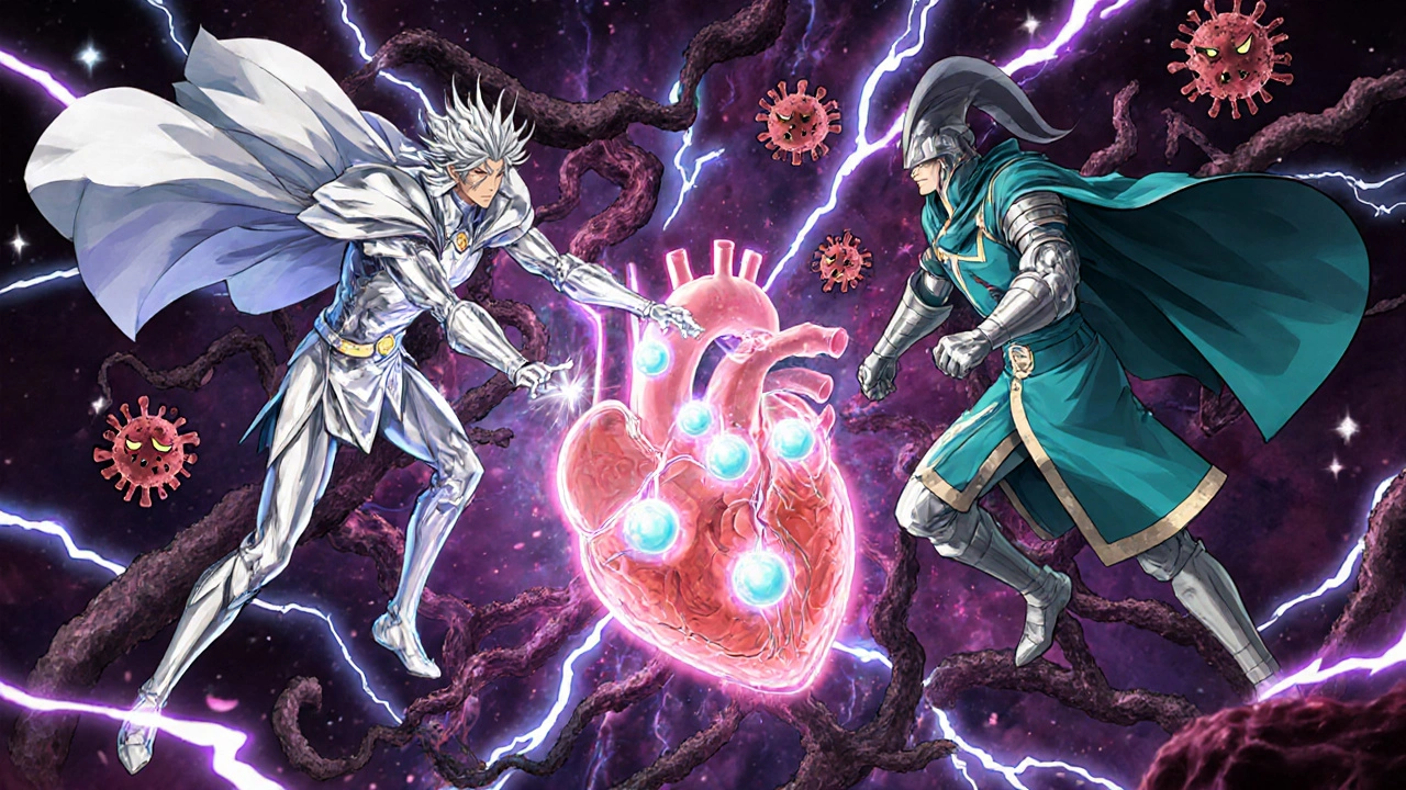 Heroic figures representing sacubitril and valsartan fight fibrosis and HIV inflammation inside a heart.