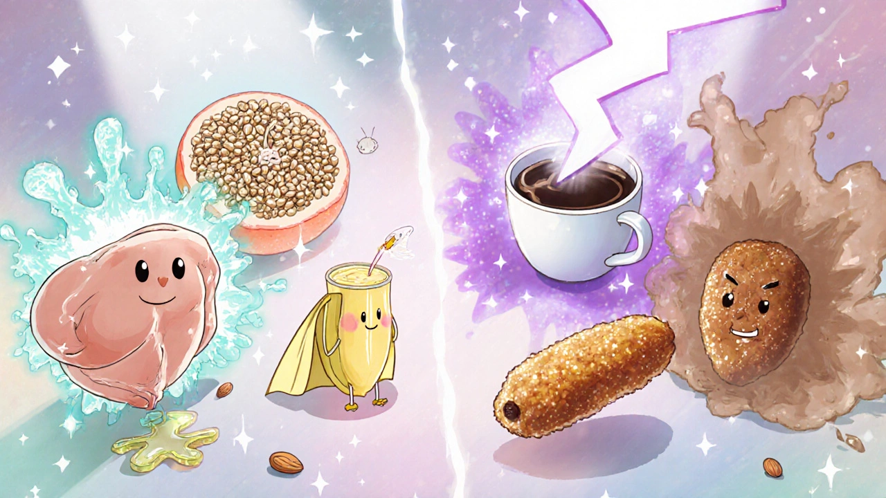 Heroic food characters with bright auras face off against grapefruit juice, coffee, and fried food.