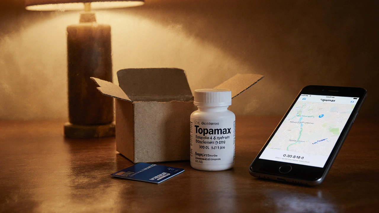 Home delivery box opened, showing a Topamax bottle with batch info, a credit card, and a smartphone.