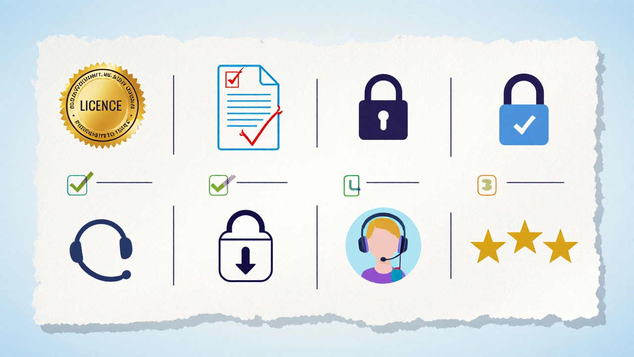 Illustrated checklist icons showing license, prescription, secure payment, price, support, and reviews.