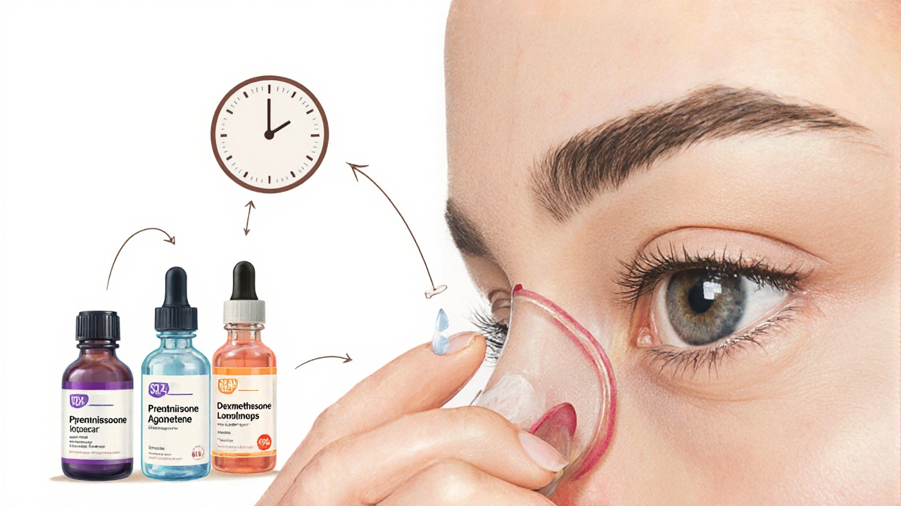 Illustration of a hand applying steroid eye drops with step icons.