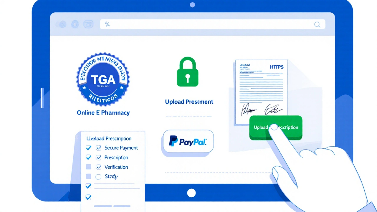 Illustration of a secure pharmacy page showing TGA badge and prescription upload.