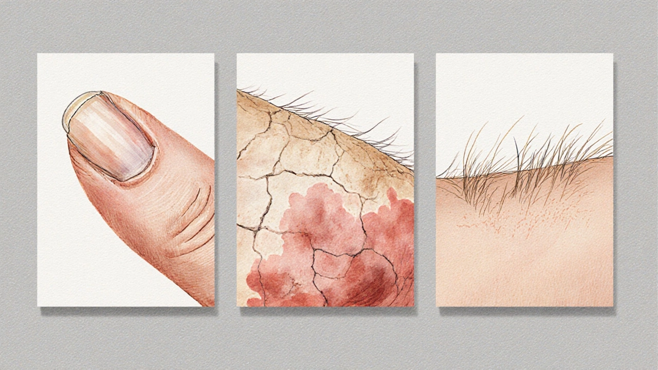 Illustrations of brittle spoon‑shaped nail, dry skin patch, and thin hair strands.
