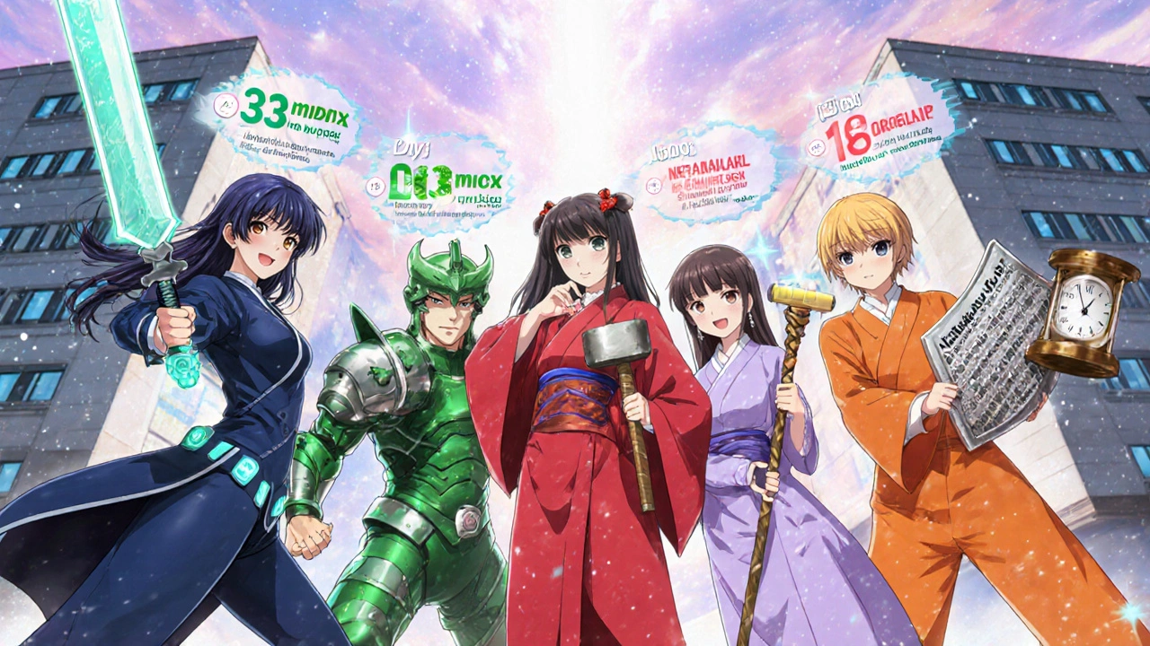 Magical‑girl avatars of five antibiotics posing in a showdown, each with unique color and weapon.