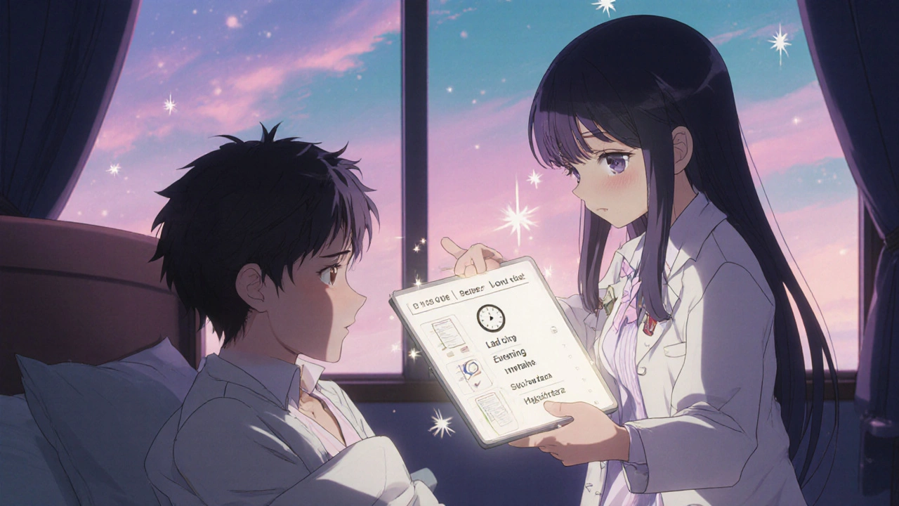 Magical girl in coat gives patient a checklist tablet for safe supplement use.