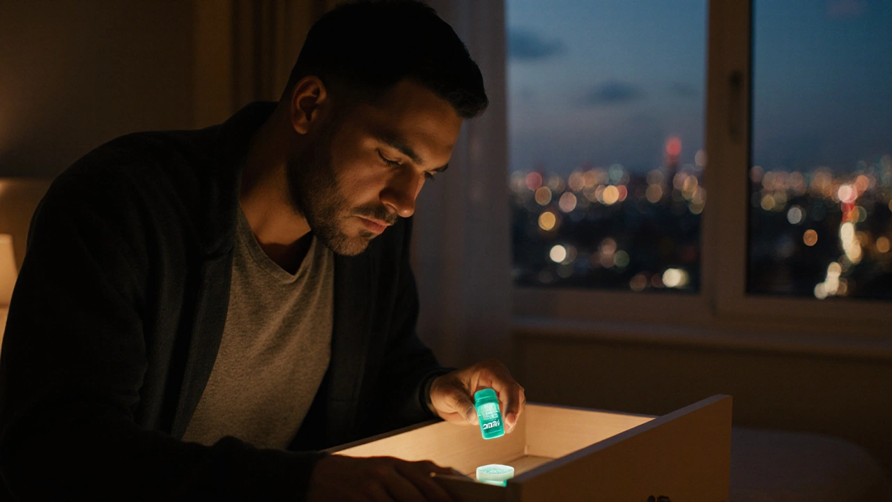 Man picking a glowing softgel from a nightstand drawer in a dim bedroom.