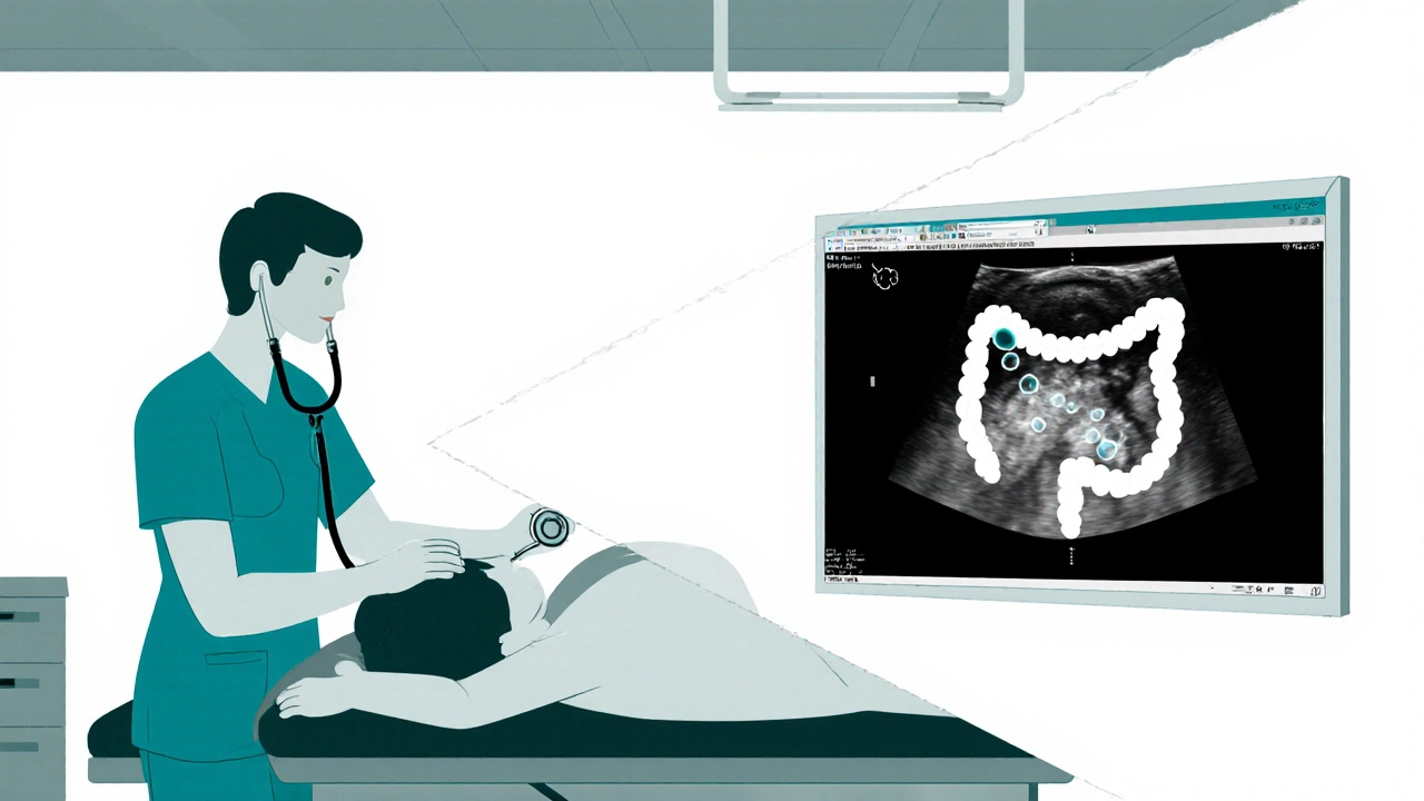 Patient exam with overlaid X‑ray and ultrasound images highlighting gas in the abdomen.