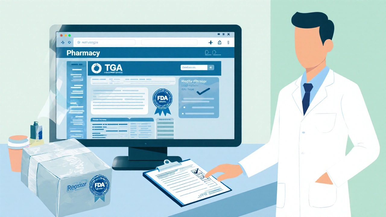 Pharmacist in a modern office next to a computer showing TGA and FDA badges and a sealed parcel.