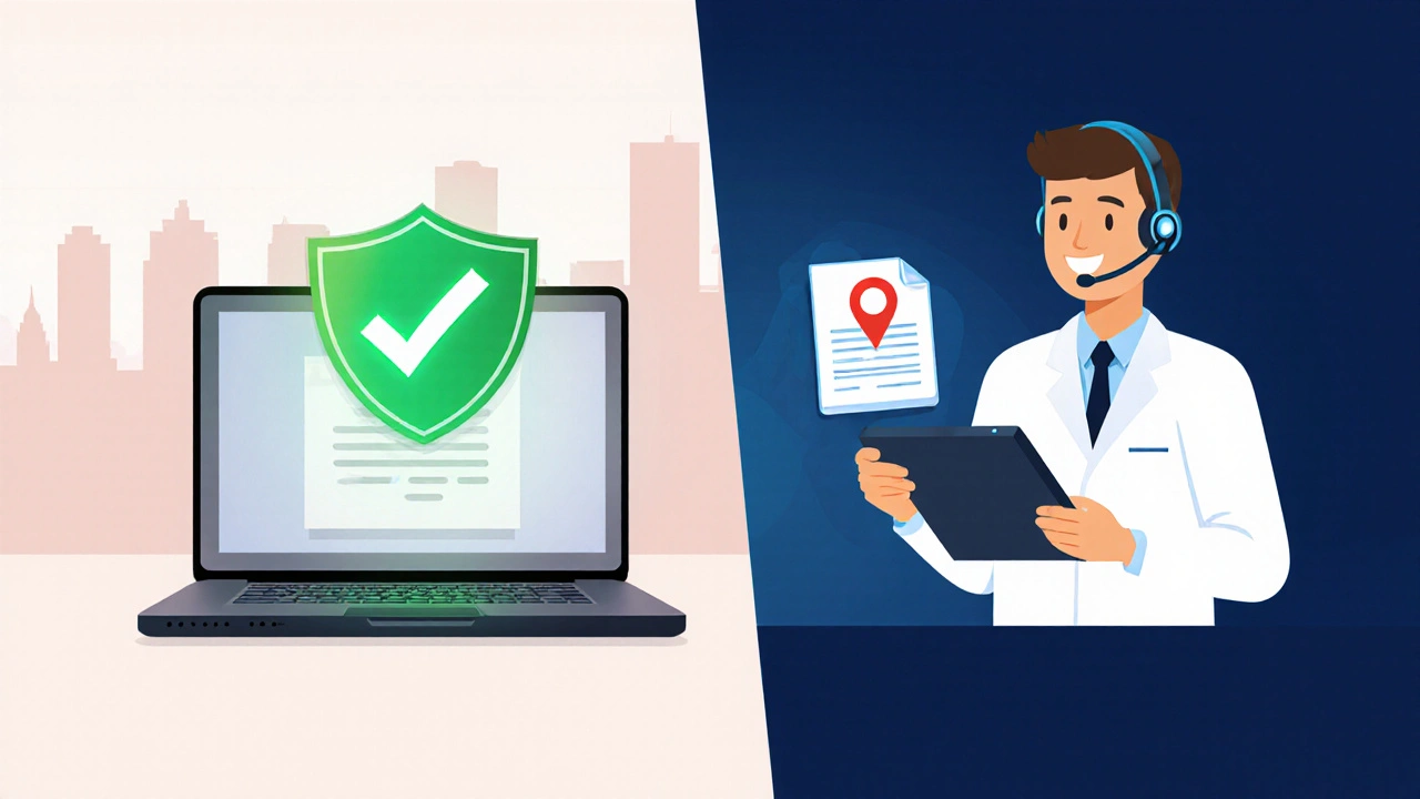 Split‑screen illustration of a laptop with a certification checkmark and a pharmacist avatar.