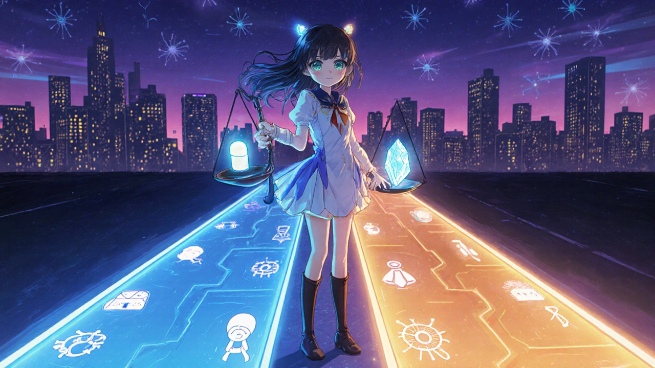 Sulbutiamine heroine standing at a forked path, balancing a pill and crystal under a twilight city sky.