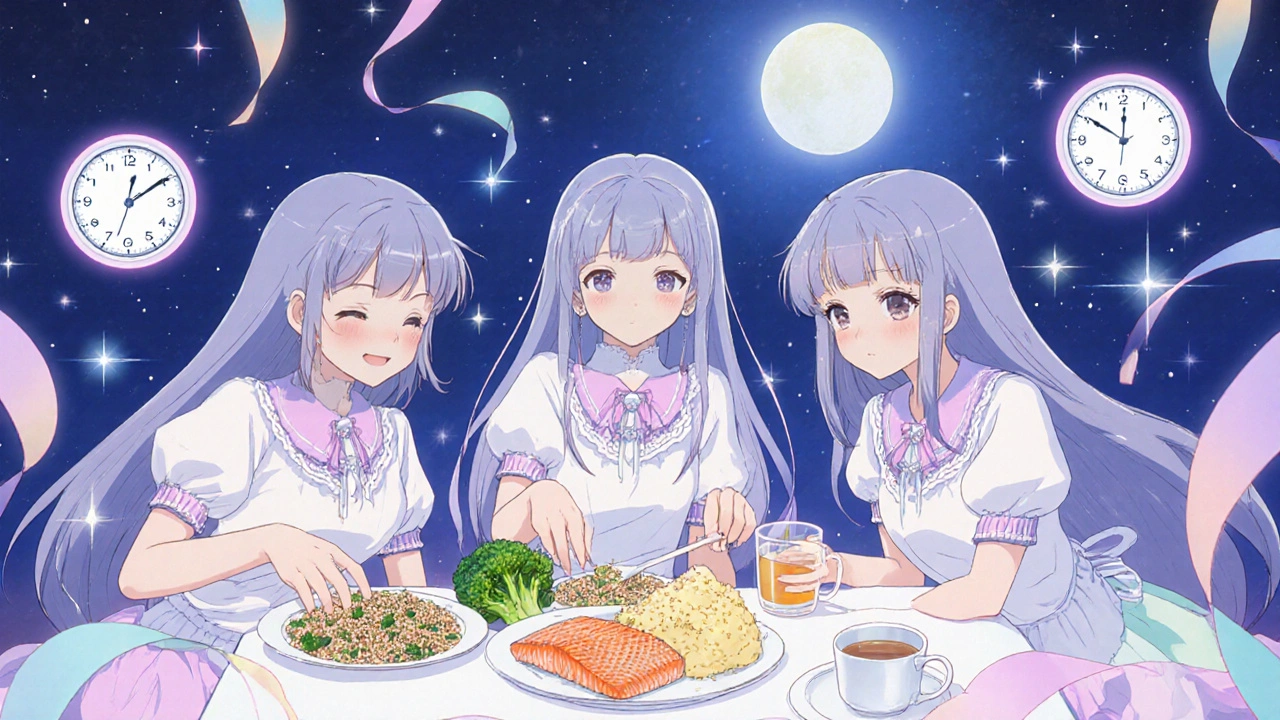 Three magical girls preparing salmon, quinoa, and tea under a soft moonlit night.