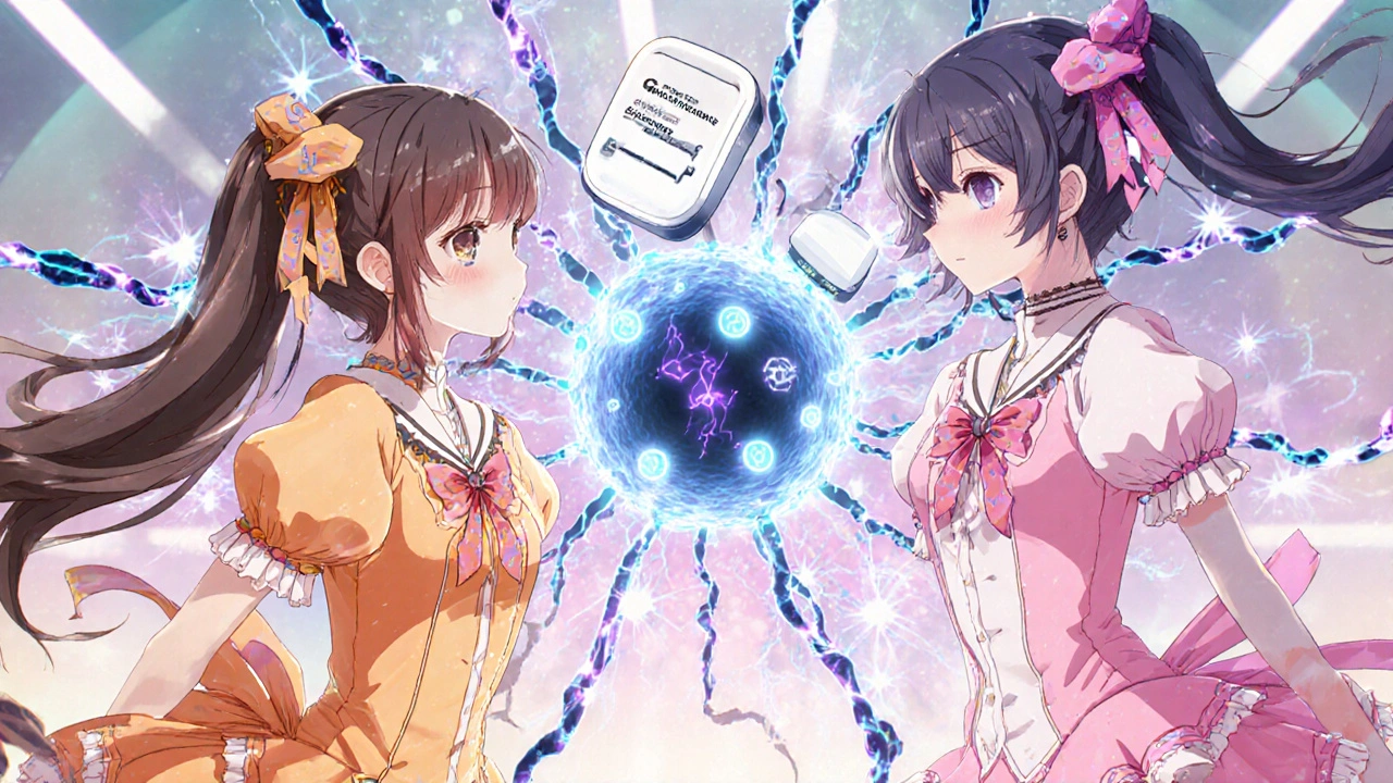 Two fatty‑acid magical girls battling a neuron with antipsychotic pill icons.
