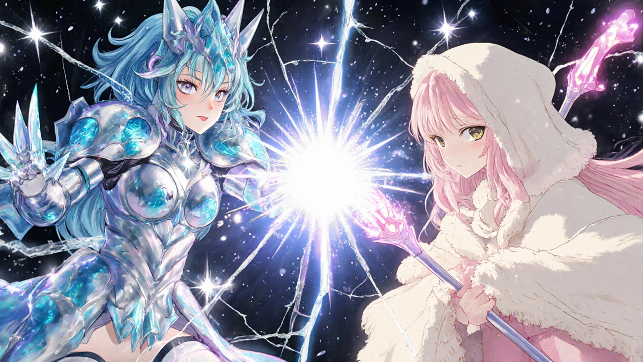 Two magical girl avatars representing gel and cream adapalene forms in a symbolic battle over acne and smooth skin.