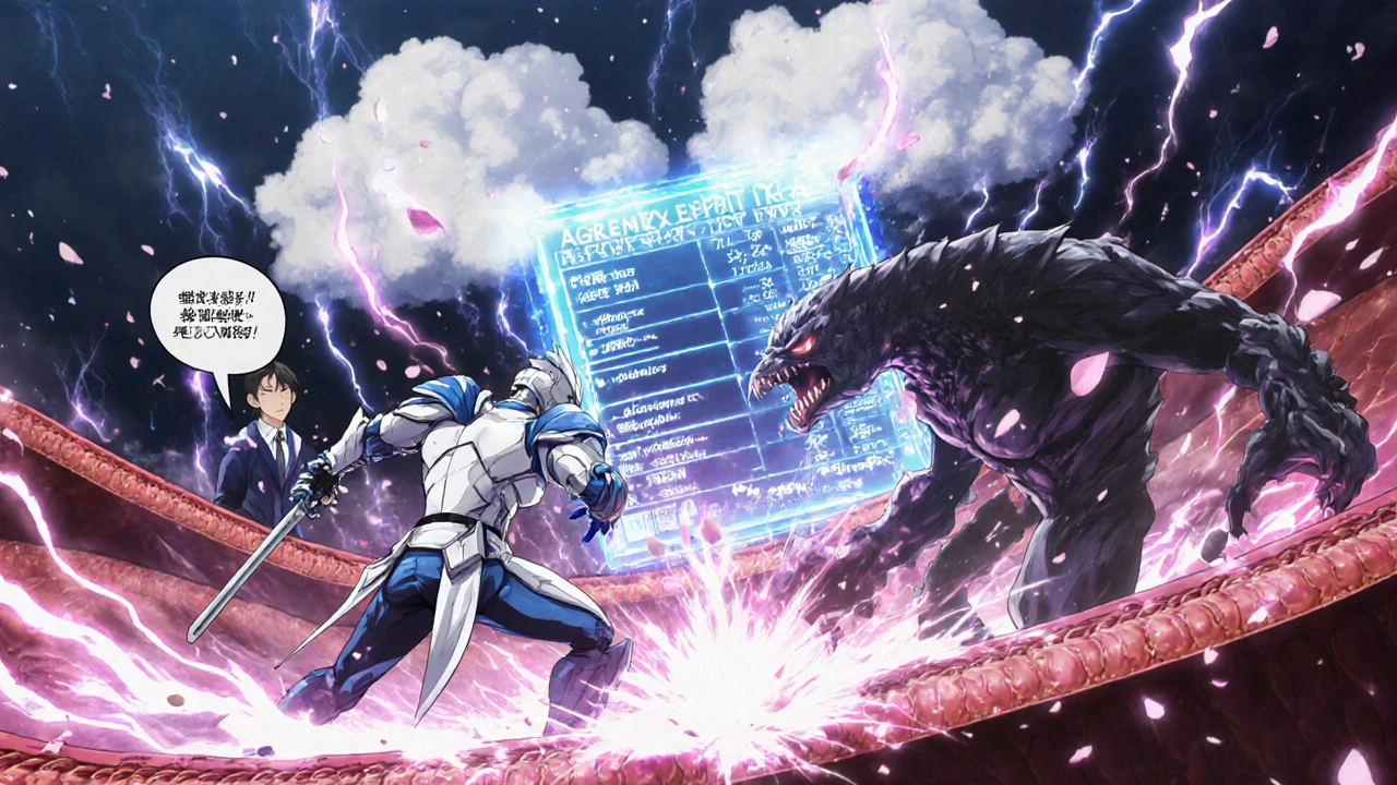 Warriors made of Aggrenox fight clot monsters inside an artery, with glowing trial data and fading storm clouds above.