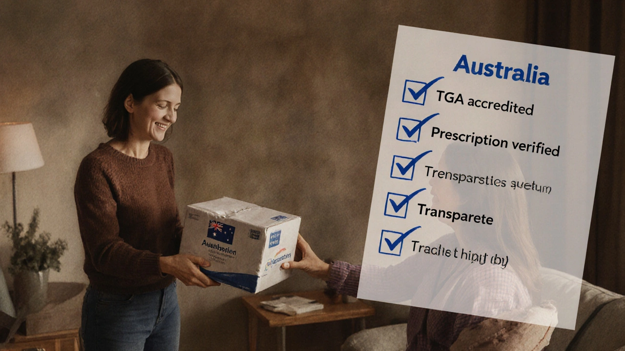 Watercolor scene of parcel delivery with checklist confirming safe purchase.