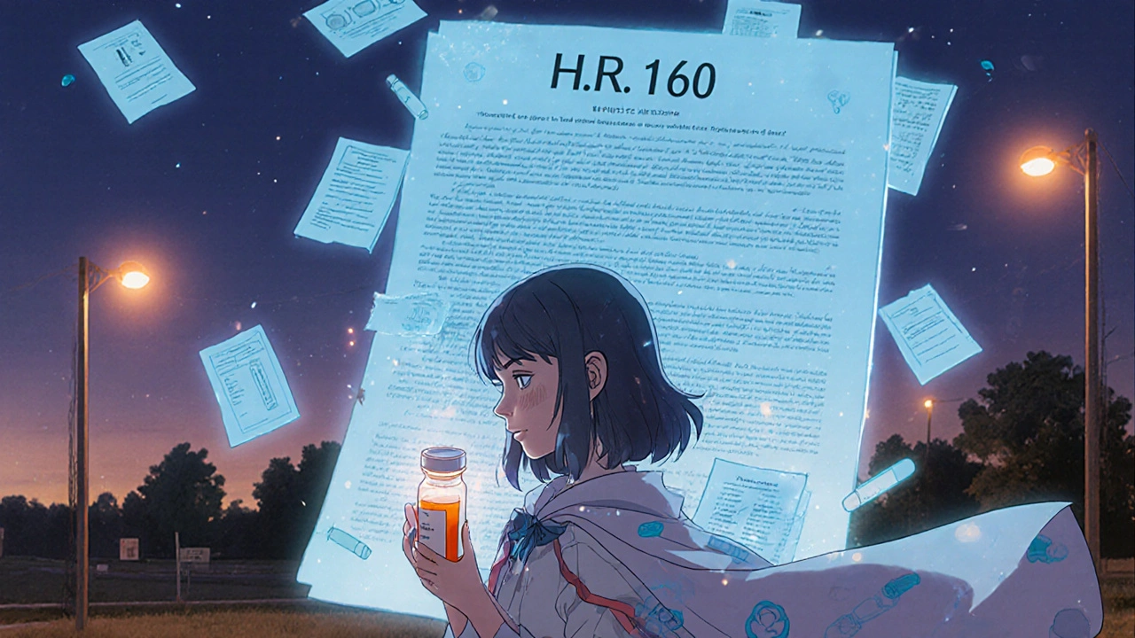 A child holds an empty prescription bottle as a blank congressional bill hologram fades behind them in a quiet rural pharmacy.