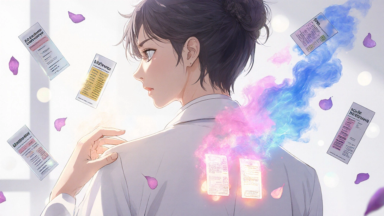 A dermatologist removes glowing patch tests from a patient&#039;s back, releasing colored allergen auras.