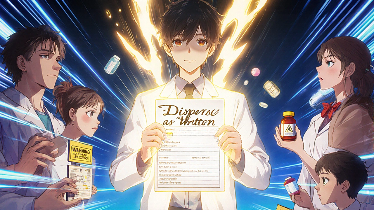 A doctor holds a glowing prescription shield protecting patients from dangerous generic substitutions.