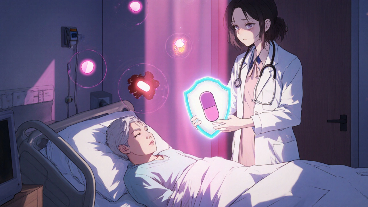 A doctor shielding an elderly patient with a glowing PPI pill as ulcers recede in healing pink light.