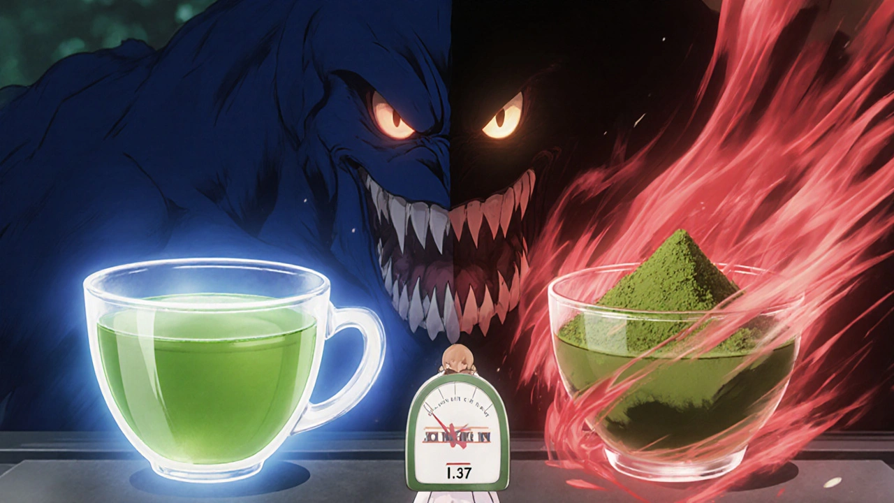 A dramatic scene contrasting regular green tea and matcha, with a vitamin K monster lowering an INR scale.