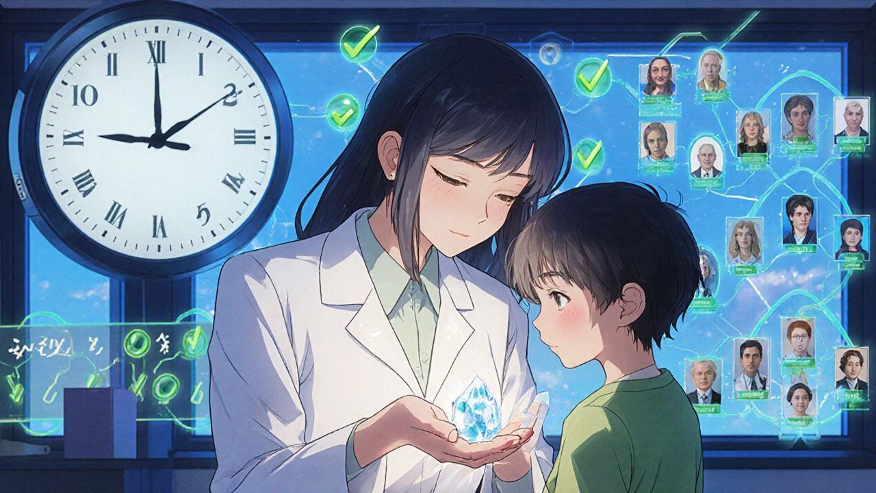 A genetic counselor gives a child a glowing crystal as holographic family trees transform from illness to health in anime style.