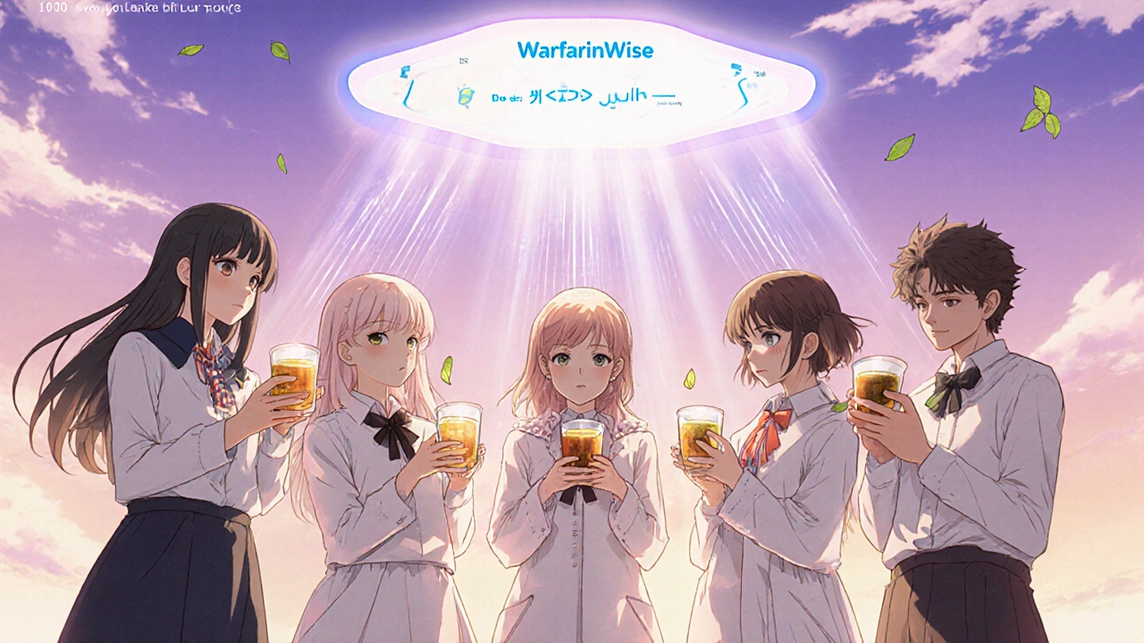 A group of people holding tea logs under a glowing app displaying real-time INR alerts.