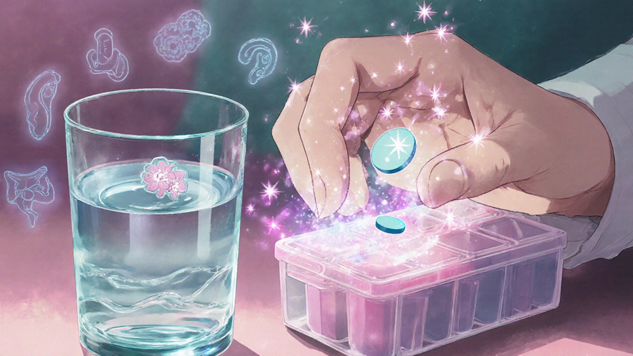 A hand placing a pill beside water, with magical sparkles transforming into relaxing bladder muscles.