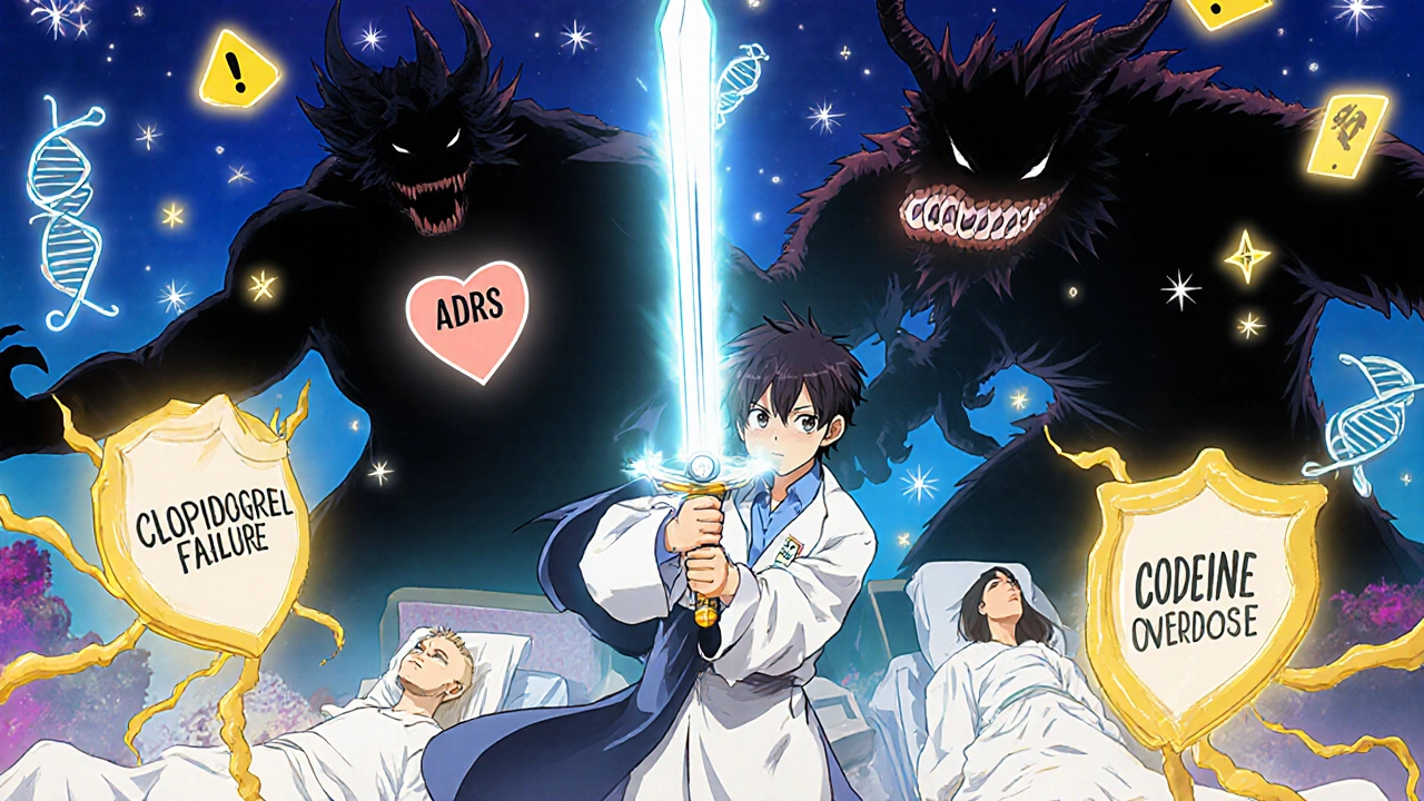 A heroic pharmacist fights monstrous adverse drug reactions with a gene-scanner sword while protecting patients with DNA shields.