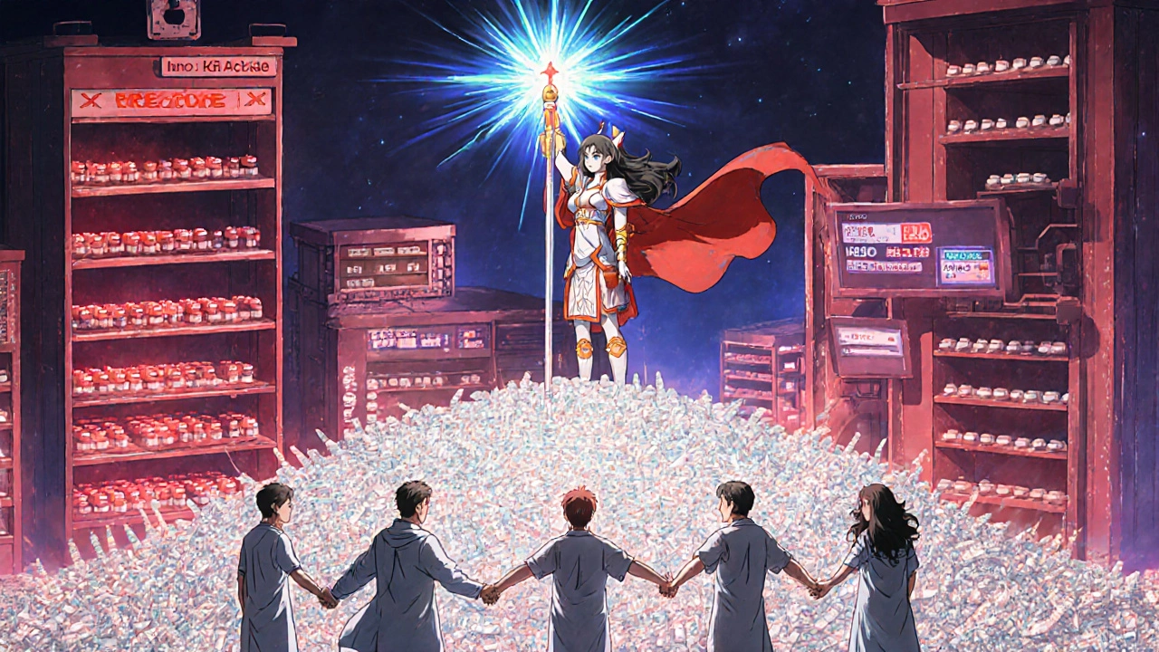 A heroic warrior stands on a mountain of expired vials, raising a syringe scepter as patients and doctors form a glowing human chain.