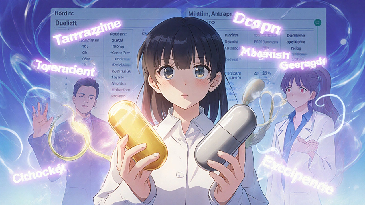 A patient holding two pills with contrasting energy auras, symbolizing differences in inactive ingredients.