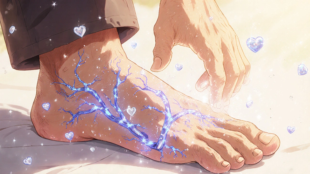 An elderly man&#039;s hand and foot illuminated by shimmering nitric oxide particles, representing relaxed blood vessels.