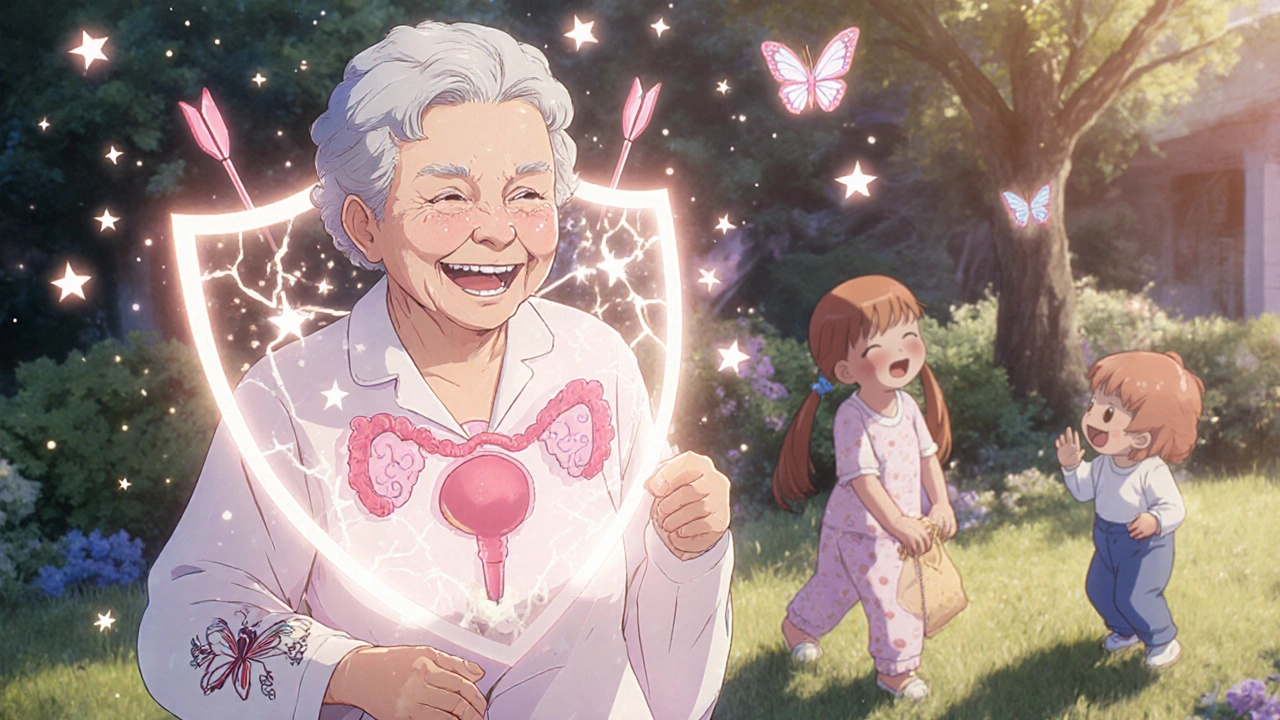 An elderly woman laughing with grandchildren, protected by a shimmering bladder-shaped shield.